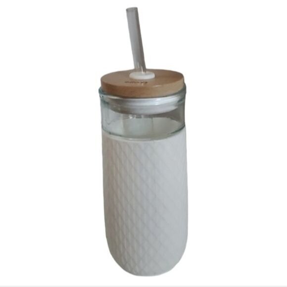 Ello Devon Glass Container Tumbler White Silicone Sleeve Wooden Lid Straw 18 OZ - Picture 2 of 15